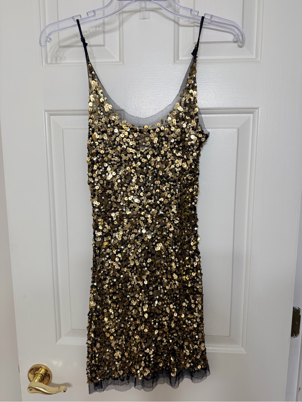 Arden B Gold Sequin Mesh Mini Dress with Black Straps